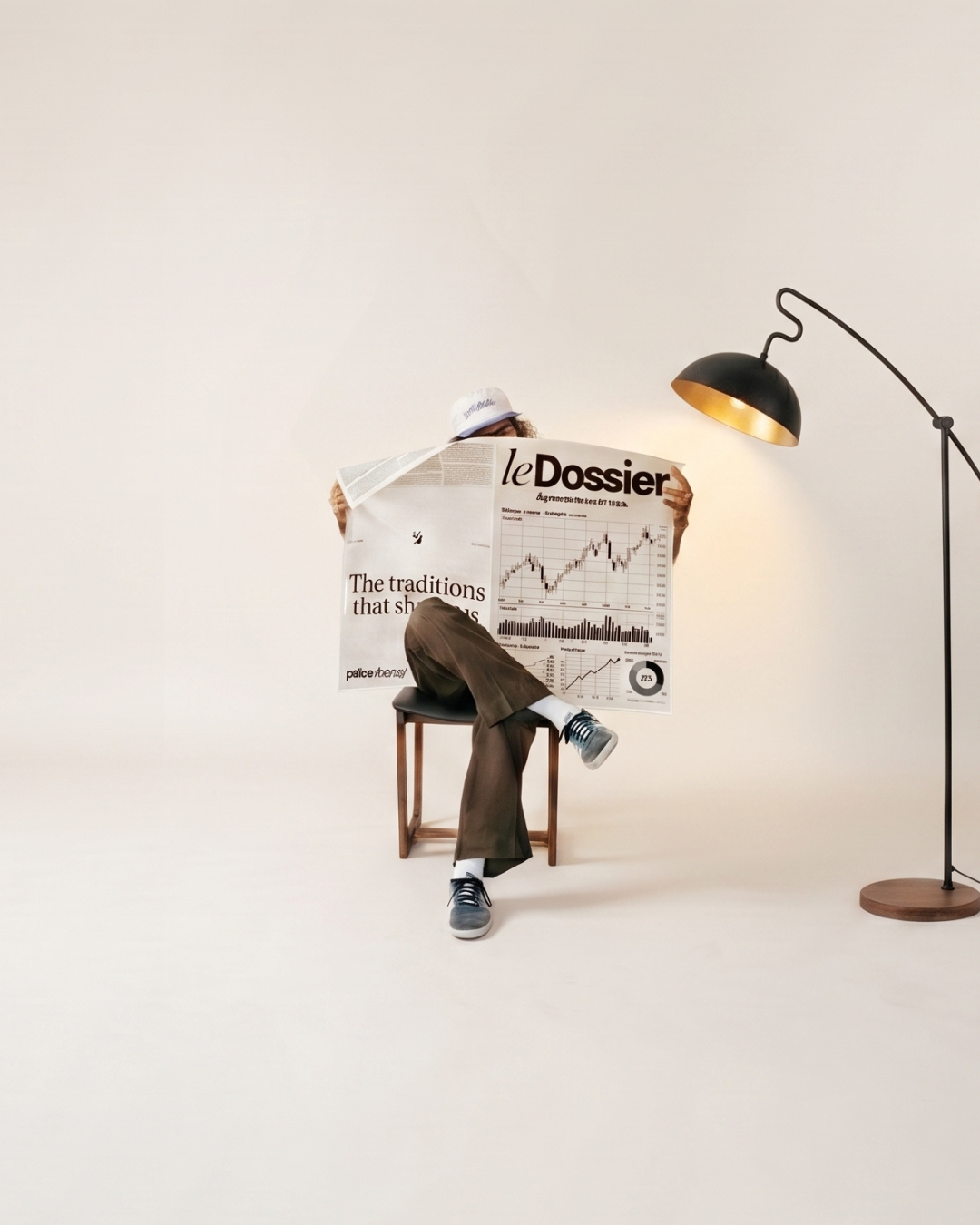 A reader with a Le Dossier newspaper beside a warm reading lamp.